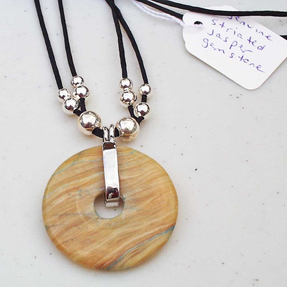 STRIATED JASPER DONUT GEMSTONE WITH SILVER TONE BEADS NECKLACE, DOUBLE SATIN
